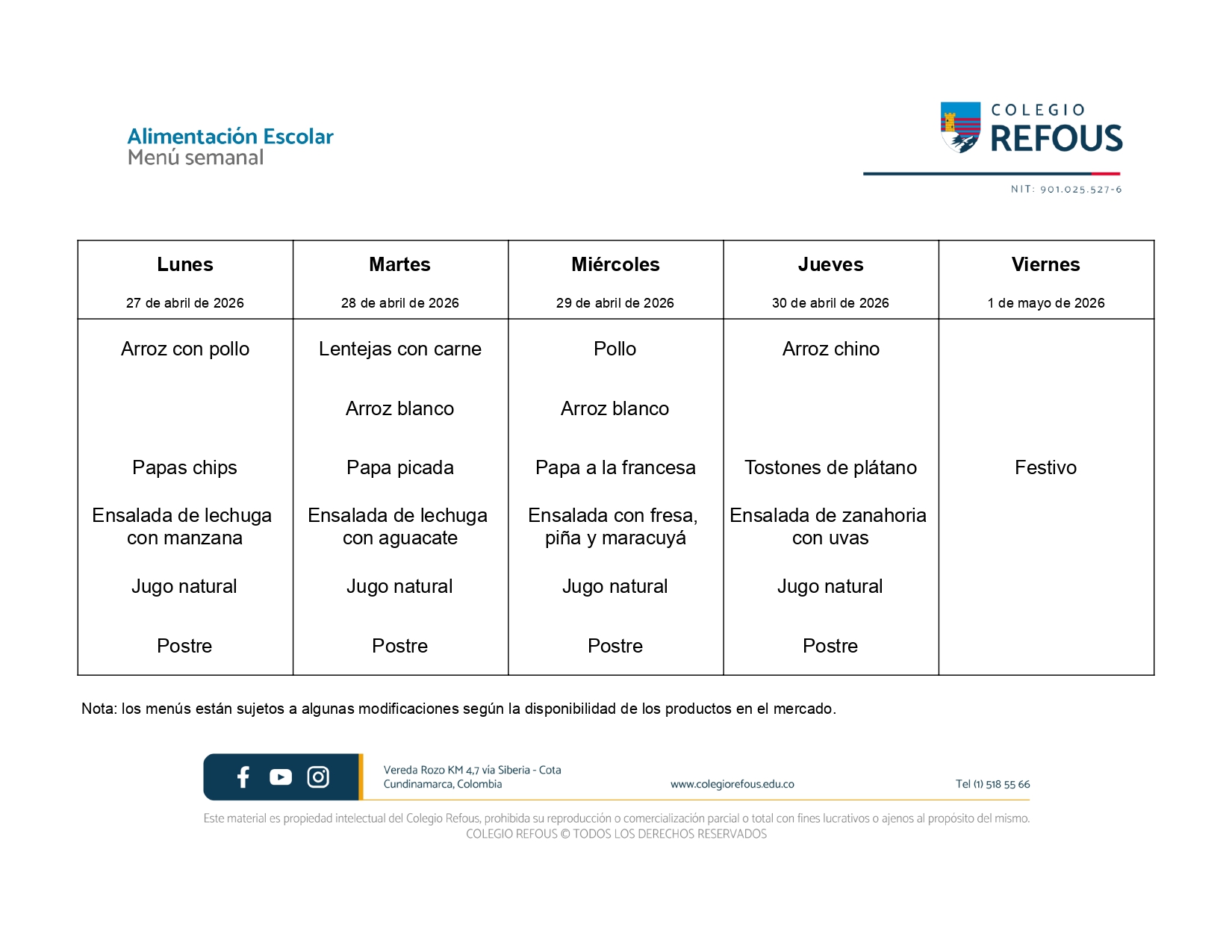 27 de abril al 1 de mayo de 2026 - Alimentación escolar